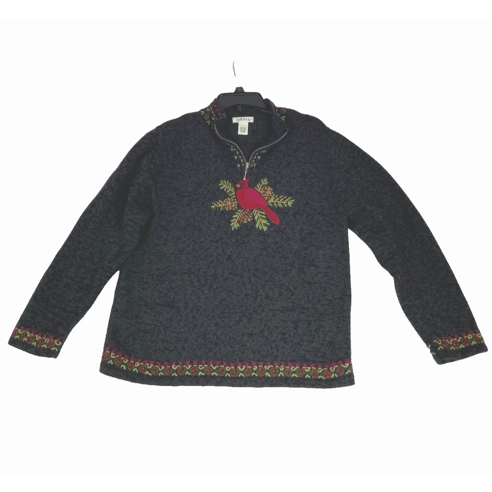 Orvis Women's Embroidered Cardinal Pinecones 1/4 Zip Mockneck Sweater Size Large